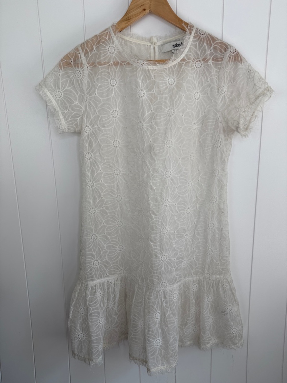 Isabel Lu Cream‎ Floral Lace Ruffle-Hem Mini Dress